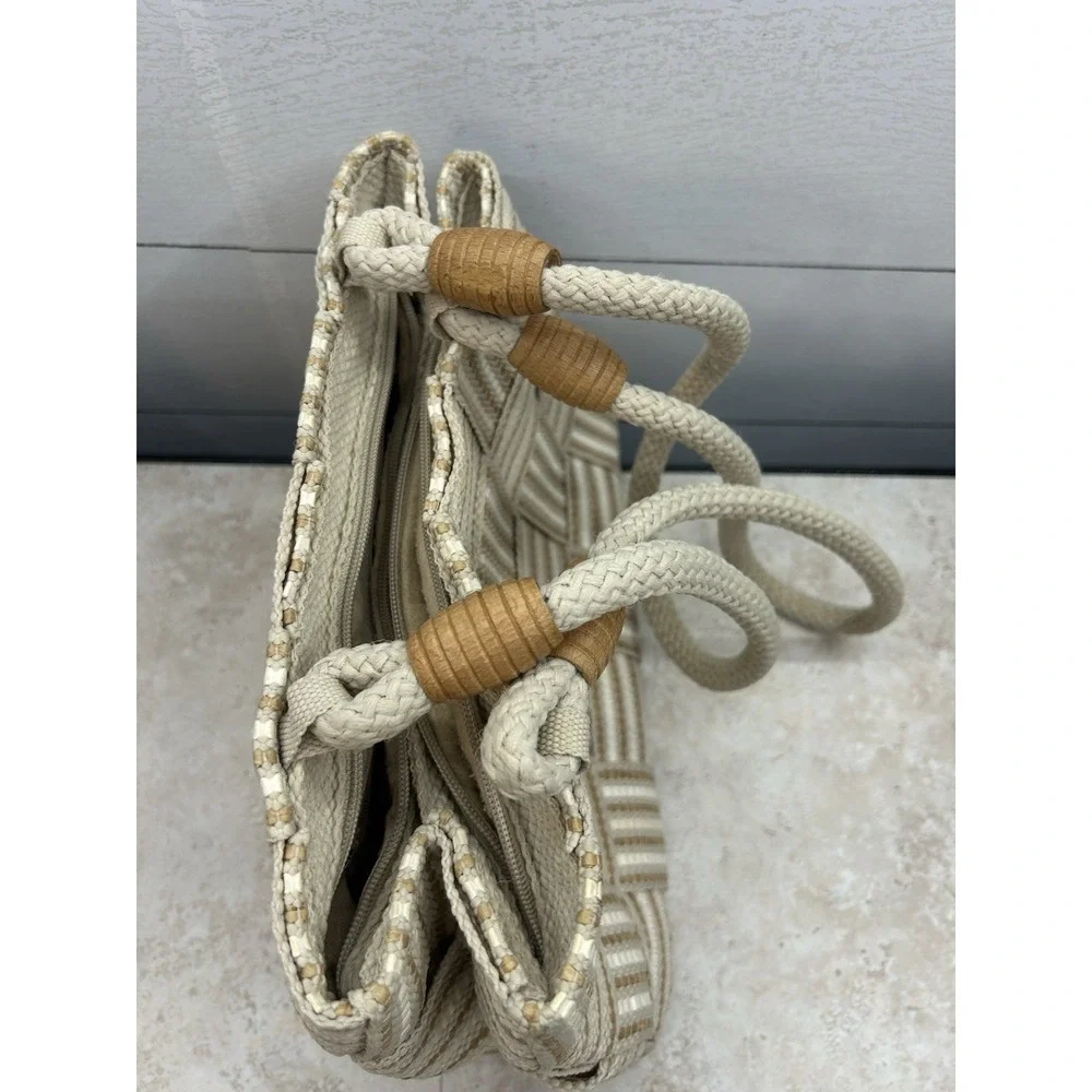 Vintage Handbag White & Brown Straw Woven Purse Rope Handles Made In Italy - Picture 5 of 10